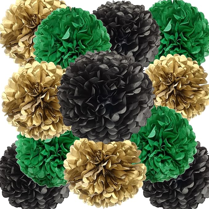We Moment Black Dark Green and Gold Paper Pom Poms Decorations for Wedding Birthday Party Decoration Ceiling Wall Hanging Tissue Flowers Decorations 12pcs 3 Colors of 12 Inch 10 Inch