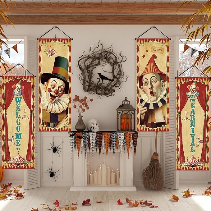 Tiamon 4 Pcs Vintage Christmas Halloween Carnival Porch Banners Retro Santa Clown Stretching Portraits Wall Decorations Gothic Porch Sign Backdrop for Xmas Indoor Outdoor Hanging Decor (Circus)