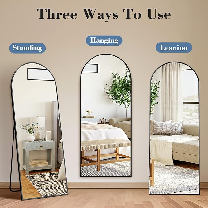 DUMOS Arched Full Length Mirror with Stand Floor Standing Aluminum Frame for Bedroom Body Hanging Leaning Modern Simple Home Decor Shatter-Proorf Nano Glass Wall Living Room Cloakroom Black 56"x15"