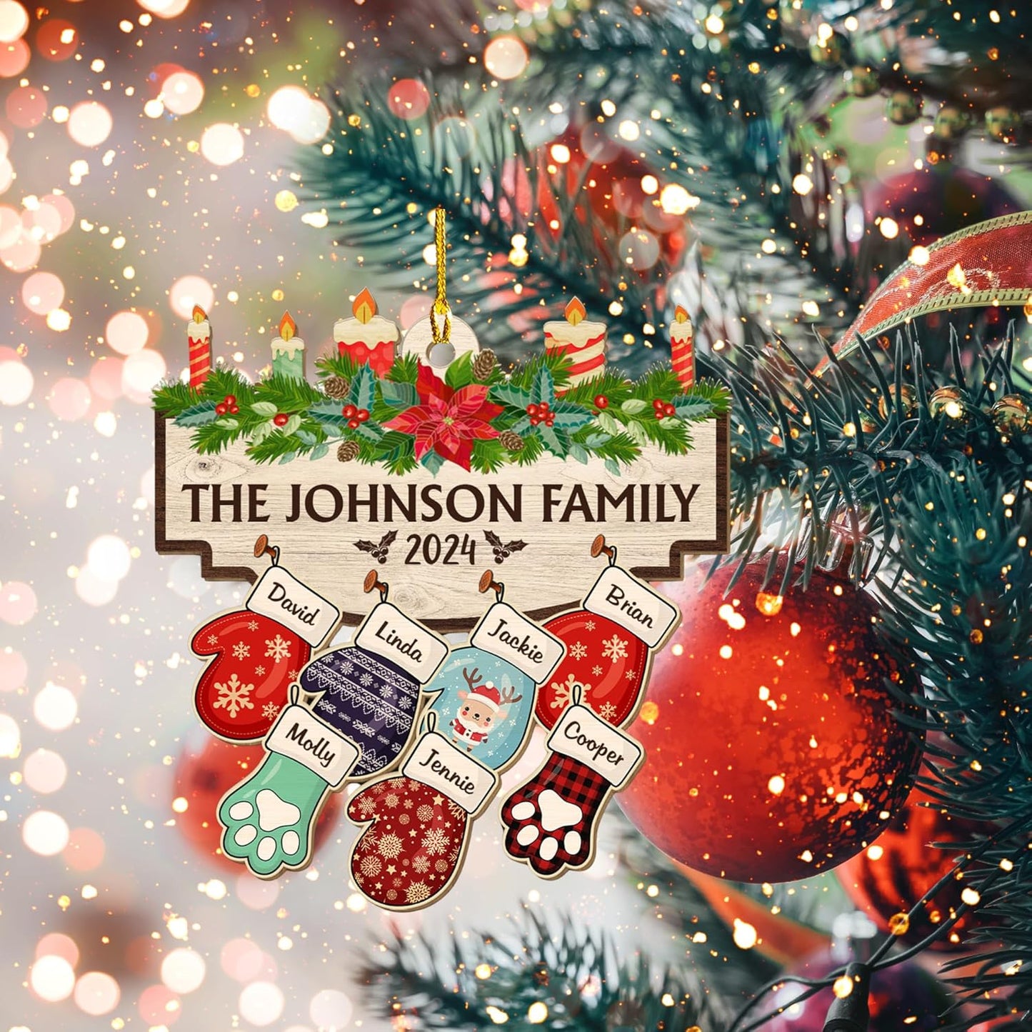 Family with Pet Ver 2 - Personalized Custom Wood Ornament, Family Gloves Christmas Ornament 2024, Xmas Ornament Gifts for Family Tree Decoration (A06, 7 Names)