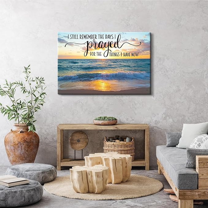 Scripture Wall Art Beach Wall Decor I still Remember The Days I Prayed Canvas Prints Pictures Sunset Ocean Painting Inspirational Religious Artwork for Bedroom Living Room Home Decorations 32x48"
