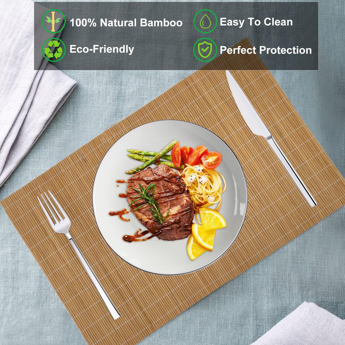 ANDSTAR Set of 6 Bamboo Placemats 17.7X11.8Inch Sushi Rolling Mat Japanese Style Bamboo Mat Natural Place Mats Washable Heat Resistant Table Mats for Dinner Dining Table Wedding Parties（Brown）