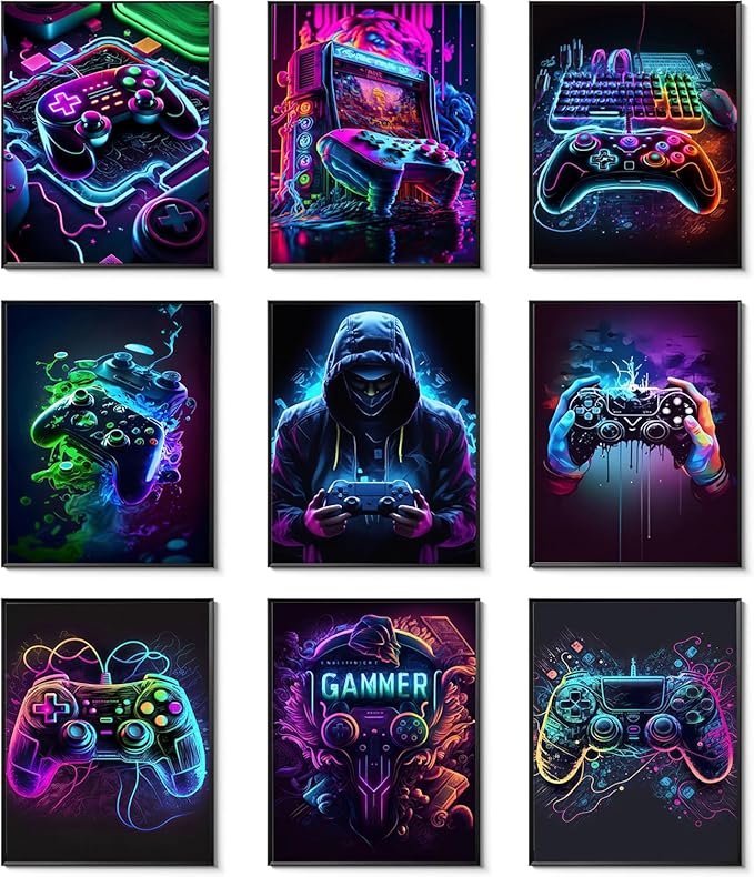 Ucninvd Game Posters Wall Art Set of 9, Neon Gaming Wall Decor Game Room Decor Paintings, Video Gamer Accessories Canvas Picture Prints for Boys Gamer Teen Room Bedroom Decor 8x10In Unframed