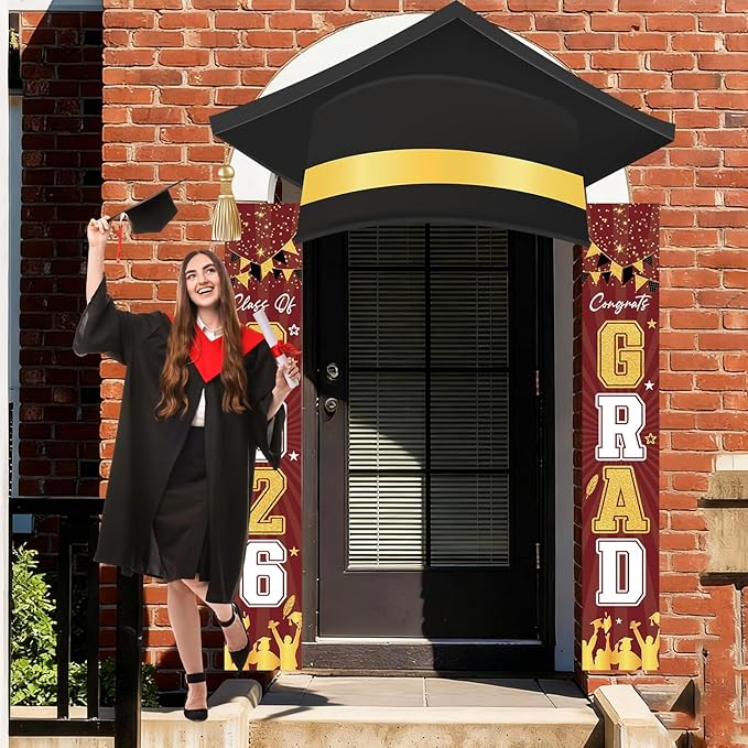 3Pcs Graduation Cap Door Banner 2026 Graduation Door Decoration Class of 2026 Porch Sign Congrat Grad Hanging Banner Decor Grad Party Indoor Outdoor Wall Decor Photo Prop Supplies Maroon Gold