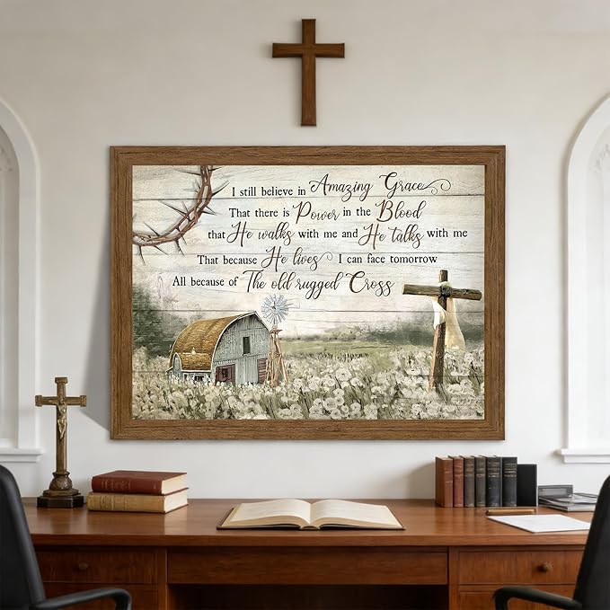 HDXUFJQ Brown Wooden Frame Christian Wall Art Barn Windmill Canvas Wall Decor Religious Cross Wall Art I Still Believe In Amazing Grace Picture Print Christian Prayer Decor Paintings(16"x24")
