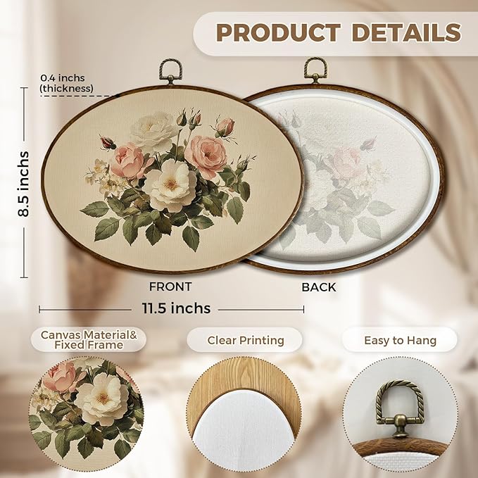 JQF Vintage Rose Floral Oval Wall Decor, Cottagecore Botanical Floral Oval Canvas Wall Art, Antique Country Flower Framed Prints Hanging Decor for Home Bedroom Living Room, 8.5x11.5 Inch