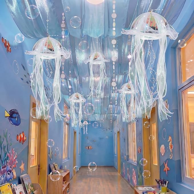 1.97 x 9.83 ft 11 Pcs Ocean Classroom Ceiling Decoration Kit Summer Under The Sea Beach Classroom Decoration Coastal with 3 Blue Organza and 4 Jellyfish 4 White Disc for Party Office School