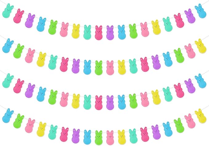 WATINC 4pcs Easter Peeps Bunny Garland Decoration, Colorful Felt Rabbit Hanging Bunting Reusable Ornament Spring Party Banner Favors Supplies, Happy Easter Day Home Decor for Mantle Fireplace Wall