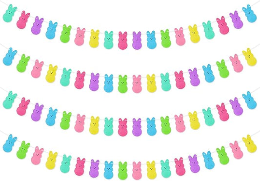 WATINC 4pcs Easter Peeps Bunny Garland Decoration, Colorful Felt Rabbit Hanging Bunting Reusable Ornament Spring Party Banner Favors Supplies, Happy Easter Day Home Decor for Mantle Fireplace Wall