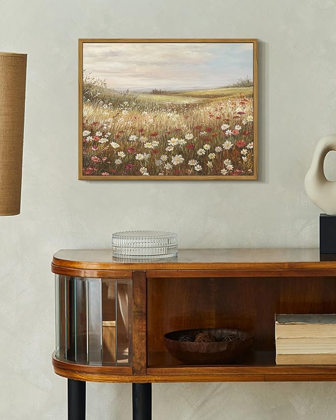 SHENIFY Vintage Framed Wall Art Meadow with Flowers Landscape Scenery Home Decor Retro Wildflower Field Decorations for Farmhouse Bedroom Ready to Hang Wall Artwork - 11x14in Natural Framed