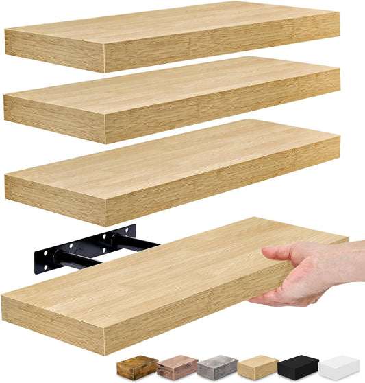 Sorbus Floating Shelves for Wall, Bathroom Shelves Wall Mounted for Kitchen, Bedroom, Living Room, Bathroom Storage, Over Toilet, Hanging Book Shelf for Wall Home Decor (Maple Wood, 4 Pack)