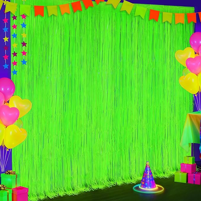 2 Pack Glow in The Dark Party Streamers, Neon Party Decorations Fluorescent Macaron Yellow Tinsel Foil Fringe Curtains, Photo Booth Prop Backdrop Streamers, Birthday Halloween Party Decorations