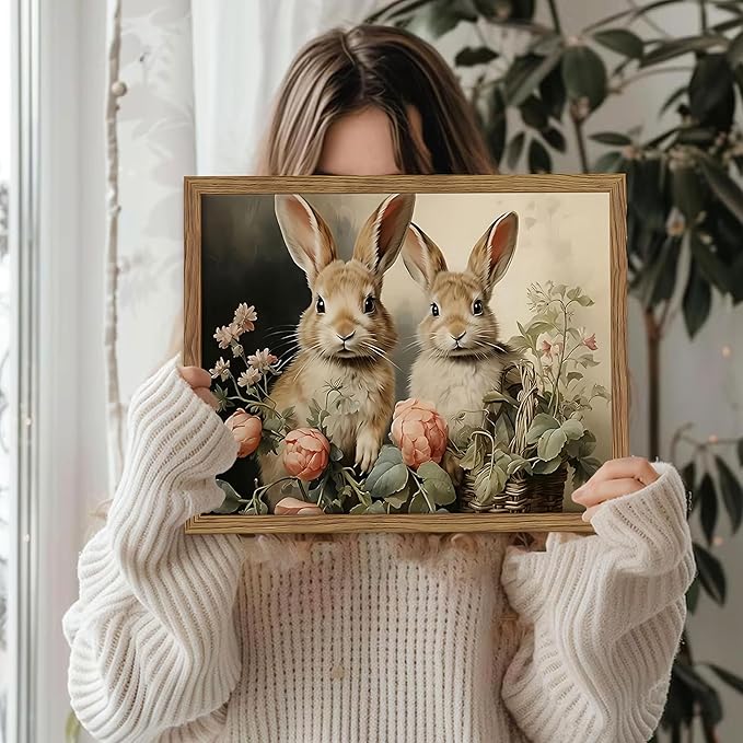 Framed Easter Bunny Wall Art, Two Adorable Rabbits with Flower Basket Picture Prints, Rustic Farmhouse Canvas Artwork, Vintage Holiday Wall Decor for Kids Room Girls Bedroom Living Room 12x16in