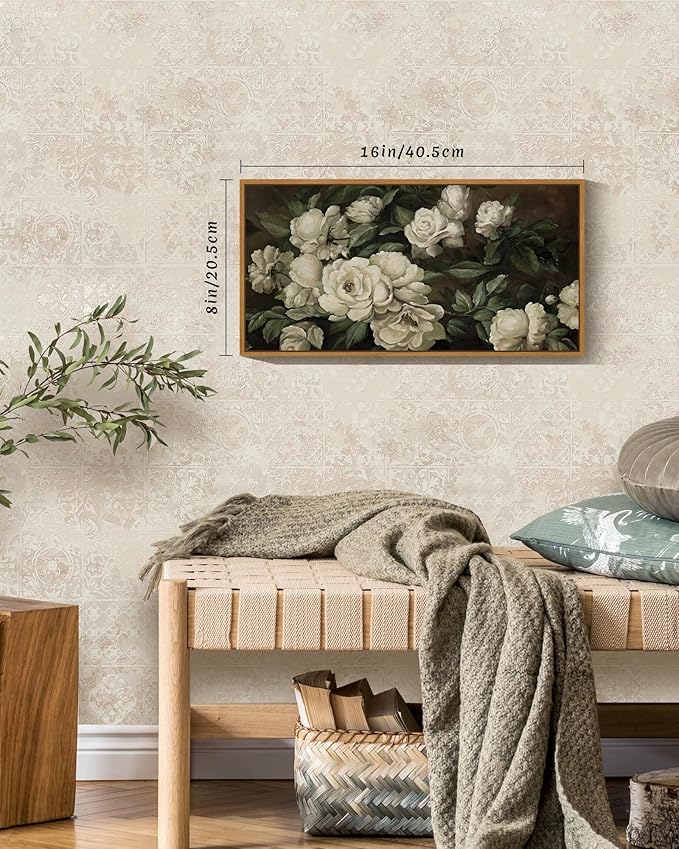 SHENIFY Vintage Framed Wall Art Rose Flower Landscape Painting Retro White Floral Scenery Farmhouse Kitchen Living Room Decor - 8x16in Natural Framed