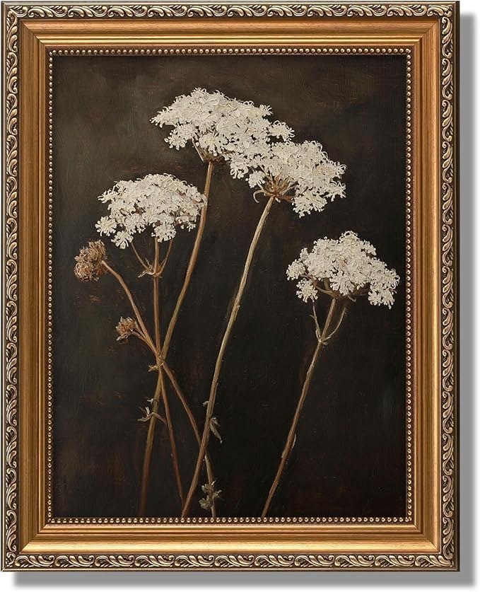 ASTRDECOR Gold Framed Vintage Wall Art, Dark Floral Canvas Print for Living Room & Kitchen Shelf Decor, Moody Floral Art, Antique White Queen Anne's Lace Artwork, 12"x16"