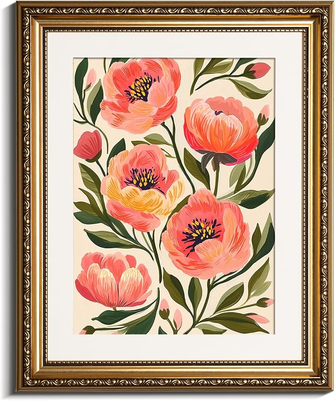VIYYIEA Gold Framed Peony Floral Wall Art, Elegant Pink Flower Canvas Painting for Living Room Bedroom Decor | Lightweight No Glass Design, Classic Ornate Golden Border | 13x16 Inch