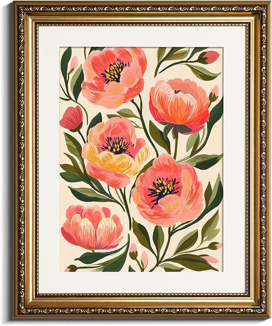 VIYYIEA Gold Framed Peony Floral Wall Art, Elegant Pink Flower Canvas Painting for Living Room Bedroom Decor | Lightweight No Glass Design, Classic Ornate Golden Border | 13x16 Inch