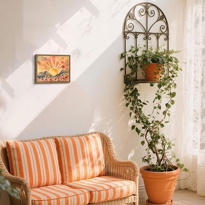 Framed Sunset Boho Wall Art for Living Room - Modern Abstract Floral Canvas Picture Boho Wall Decor, Sun Landscape Aesthetic Painting Poster Prints for Bedroom Home Office 8x10 inch