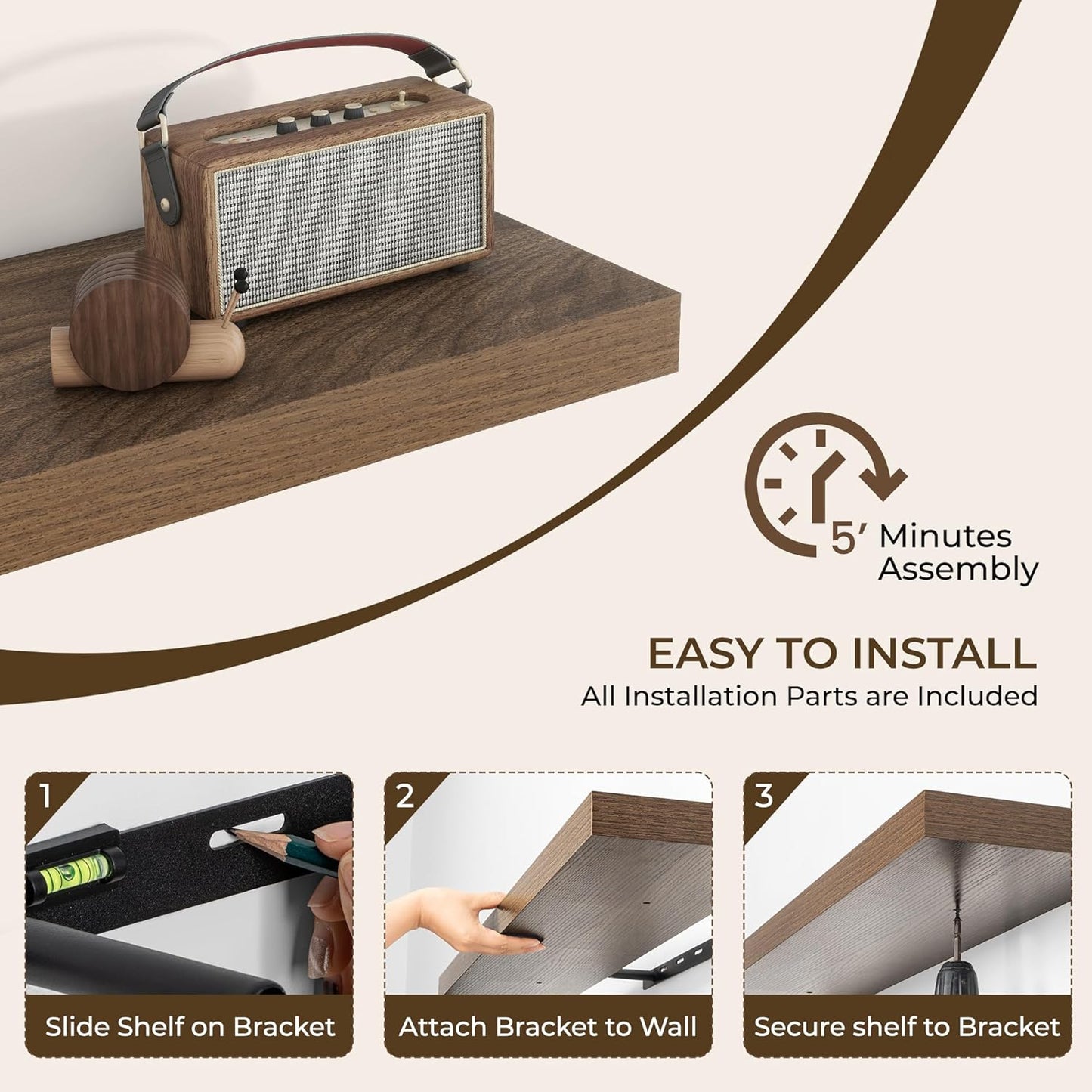 RICHFOCUS 31.5Inch Floating Shelves for Wall 2 Pack Shelves for Bedroom|Kitchen|Bathroom Wall Mounted Rustic Wood Floating Shelf with Invisible Brackets for Books|Storage|Decor, Walnut