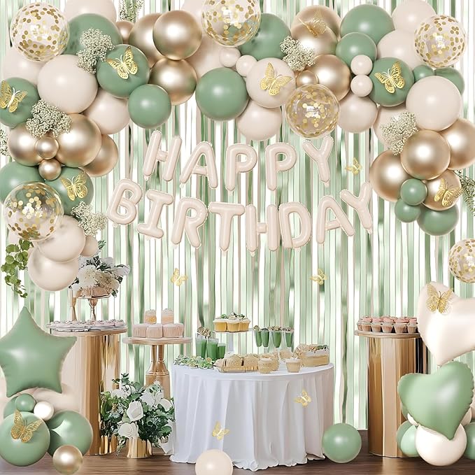 Sage Green Birthday Decorations with Happy Birthday Banner Sage Green Biege Gold Balloons Confetti Foil Balloons Gold Butterfly Fringe Curtains, Green Birthday Party Decorations for Women Girls