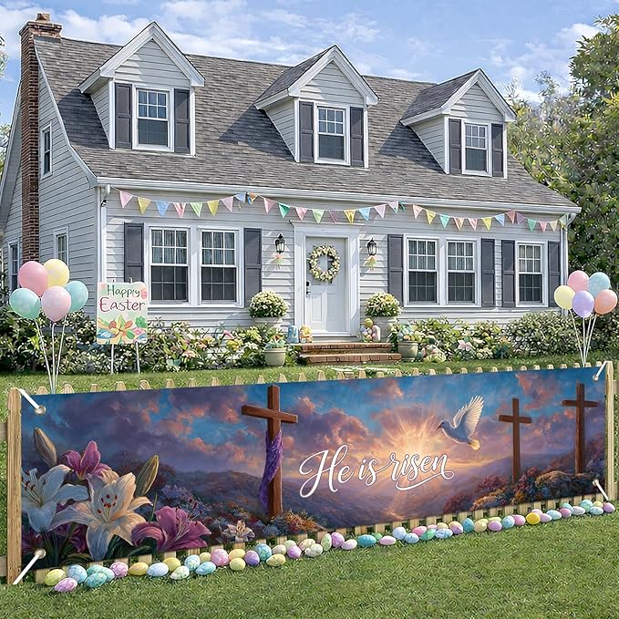 He Is Risen Easter Banner Christian Resurrection Spring Decor 78 x 17 Inch Religious Cross Scene Banner for Church Yard Fence Door Wall Indoor Outdoor Easter Faith Celebration Display