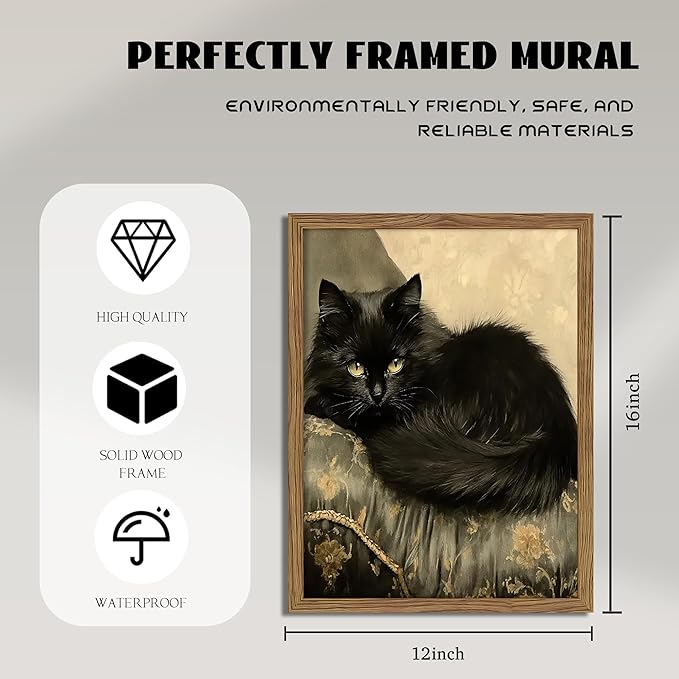 Black Cat Wall Art Framed, Vintage Cat Painting Print, Classical Animal Canvas Wall Decor, Rustic Cottagecore Aesthetic Pictures for Living Room Bedroom Home – 12x16 inch