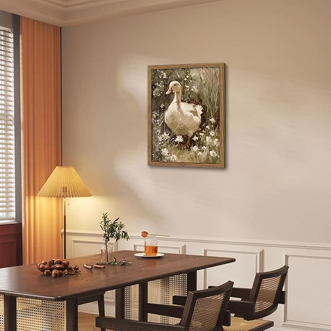 Framed Goose Wall Art, Rustic Vintage Floral Animal Oil Painting, Retro Farmhouse Country Pictures Artwork, Cottagecore Canvas Prints Wall Decor for Living Room Bedroom Farm – 12x16 inch