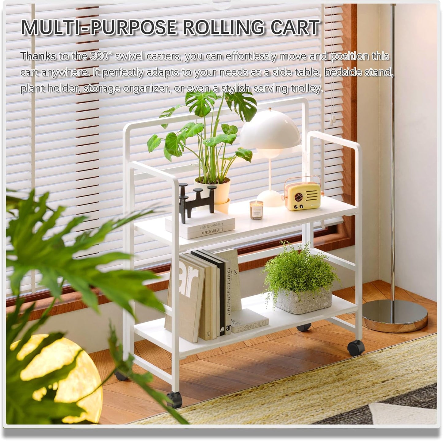 4NM 2 Tiers No-Assembly Folding Bookshelf with Wheels, Portable Rolling Storage Bookcase & Compact Side Table for Living Room, Bedroom, Kitchen, Bathroom (All White)