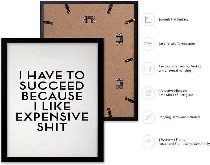 Poster Master Motivational Poster - Inspirational Print - I Have To Succeed, I Like Expensive Shit, Funny, Humorous - Gift for Friend, Colleague - Wall Decor for Home, Office, 11x14 Black Framed