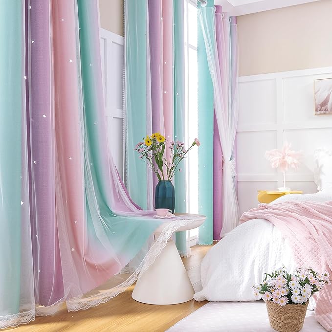 XiDi Girls Blackout Curtains 102 Inches Long for Bedroom, Room Darkening Grommet Window Ombre Curtains 2 Panel Sets, Kids Unicorn Princess Theme Decor Colorful Rainbow Design Pink Purple Green 52x102