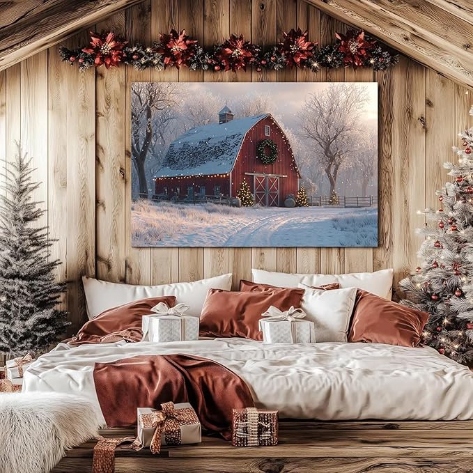 Christmas Barn Wall Art Vintage Farmhouse Canvas Wall Decor Christmas Tree Poster Prints Rustic Winter Snowy Scenic Pictures Country Painting Artwork for Living Room Bedroom Home Decorations 32x48"