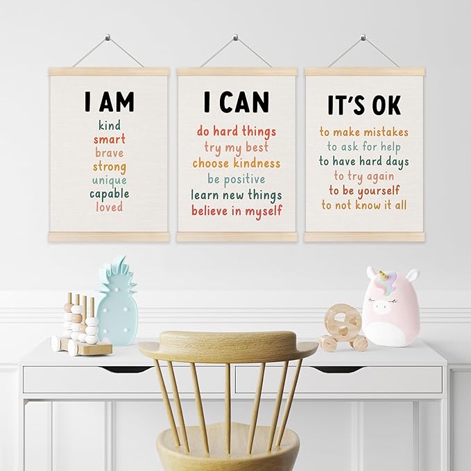 Koesus Inspirational Classroom Wall Art Poster Hanger Frame 12x16 Inch Set of 3, Positive Affirmations for Kids, Motivational Canvas Pictures Prints Framed Wall Decor for Classroom Kids Room Playroom