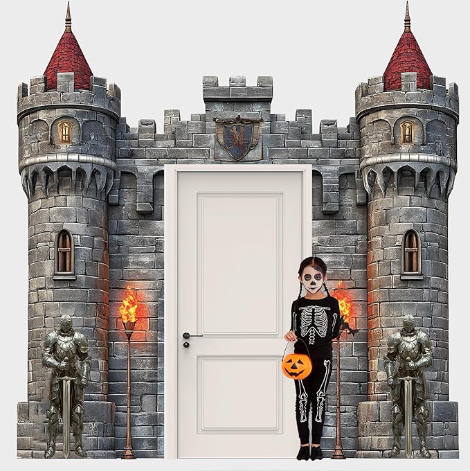 4 PCS Medieval Entryway Party Decorations Castle Door Covers Hanging Banner Porch Sign Medieval Castle Photo Props Background Torch Knight Porch Banner for Birthday Halloween Party Door Decor Supplies