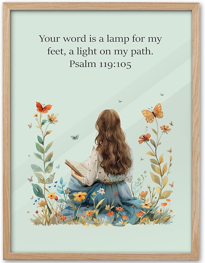 KensTro Natural OAK Wood Nursery Decor Framed Wall Art, 12x16 in Inspirational Christian Bible Verse Wall Art,Word of God Young Girl Reading Scripture Art Print for Boys Girls Bedroom Decor Set of 1