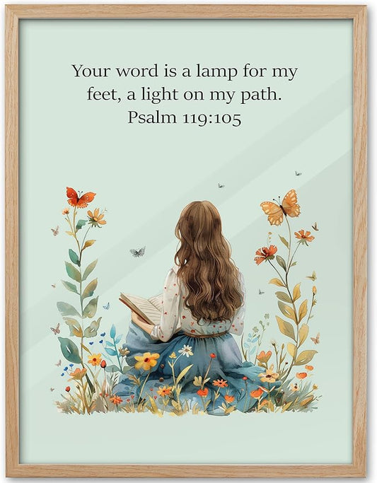 KensTro Natural OAK Wood Nursery Decor Framed Wall Art, 12x16 in Inspirational Christian Bible Verse Wall Art,Word of God Young Girl Reading Scripture Art Print for Boys Girls Bedroom Decor Set of 1