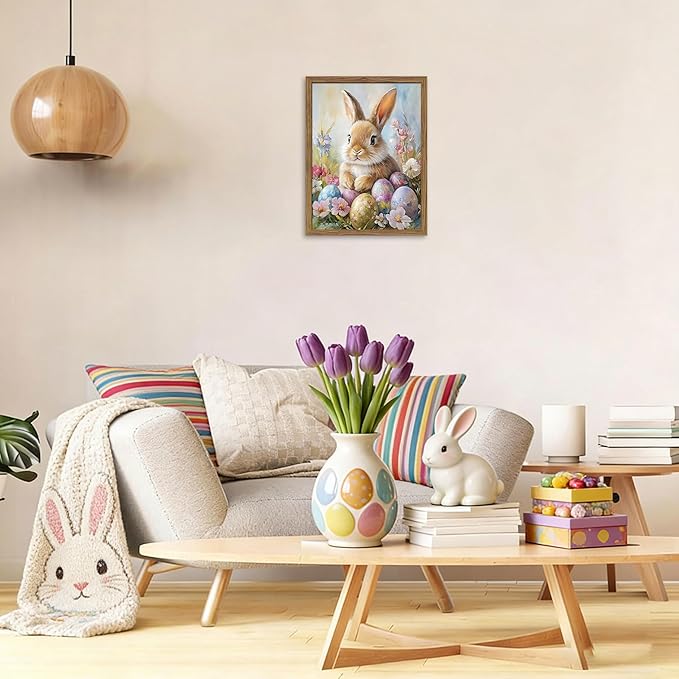 Framed Easter Bunny Wall Art, Cute Bunny with Eggs Poster Prints, Vintage Cottage Holiday Theme Canvas Artwork, Spring Atmosphere Wall Decor for Kids Room Girls Bedroom Living Room 12x16in