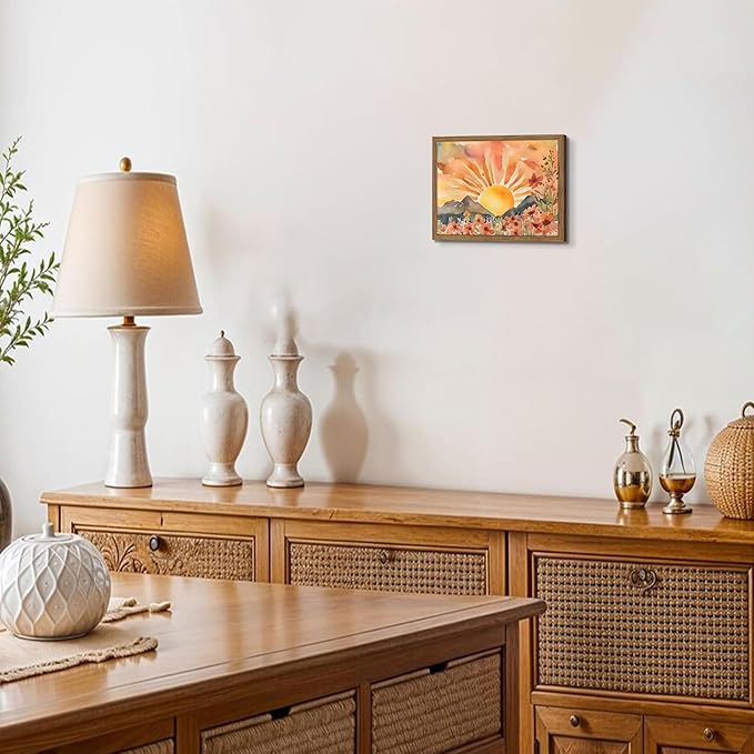 Framed Sunset Boho Wall Art for Living Room - Modern Abstract Floral Canvas Picture Boho Wall Decor, Sun Landscape Aesthetic Painting Poster Prints for Bedroom Home Office 8x10 inch
