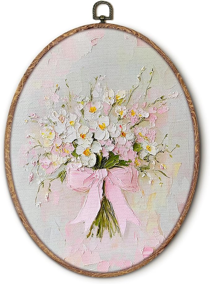 Vintage Pink Bow Floral Bouquet Oval Wall Art Framed, White Floral Oval Wall Decor, Vintage Flower Hanging Canvas Prints Wall Sculptures for Bedroom Living Room Decor, 8.5x11.5 Inch