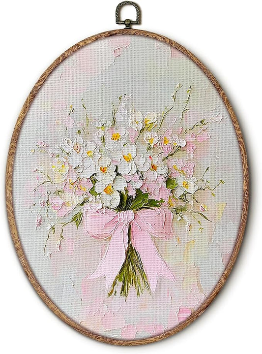 Vintage Pink Bow Floral Bouquet Oval Wall Art Framed, White Floral Oval Wall Decor, Vintage Flower Hanging Canvas Prints Wall Sculptures for Bedroom Living Room Decor, 8.5x11.5 Inch