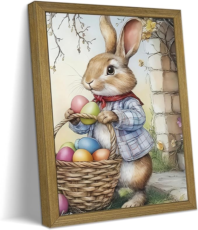 Framed Easter Bunny Wall Art, Cute Rabbit Easter Eggs Canvas Print Paintings, Vintage Holiday Decor Oil Painting, Rustic Farmhouse Spring Animal Wall Decor for Living Room Bedroom Nursery 8x10 Inch