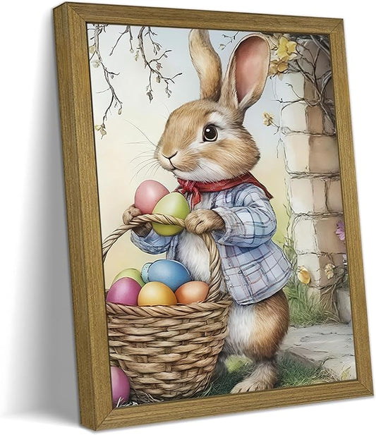 Framed Easter Bunny Wall Art, Cute Rabbit Easter Eggs Canvas Print Paintings, Vintage Holiday Decor Oil Painting, Rustic Farmhouse Spring Animal Wall Decor for Living Room Bedroom Nursery 8x10 Inch