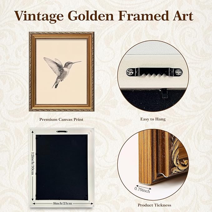 ASTRDECOR Framed Hummingbird Wall Art – Vintage Bird Sketch Painting Picture, Rustic Neutral Canvas Decor for Nursery, Bedroom & Living Room, Gifts for Friends or Family 9"x12"