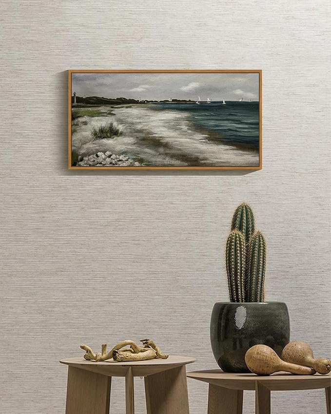 SHENIFY Vintage Framed Wall Art Seaside Coastal Landscape Painting Retro Beach Scenery Farmhouse Kitchen Living Room Decor - 8x16in Natural Framed