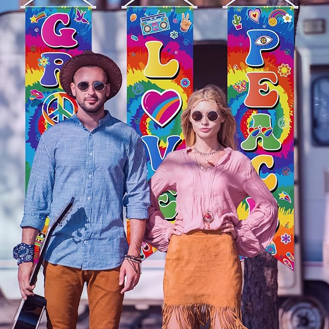 3 Pieces 60s Party Decorations Groovy Love Peace Banners Hippie Porch Signs 1960s Hanging Wall Decor for Retro 60s Theme Party Scene Setters Photography Backdrop Decorations Supplies