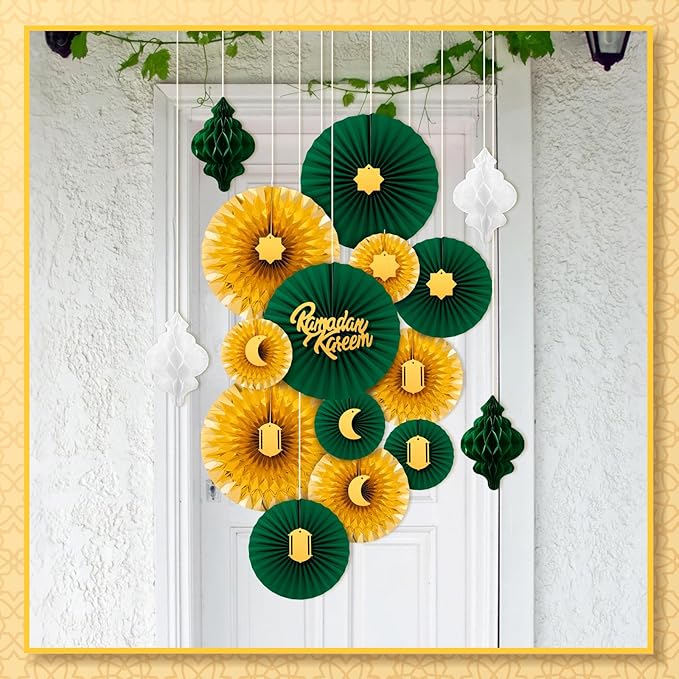 Epakh 29 Pcs Ramadan Decorations for Home Ramadan Hanging Paper Lantern Eid Wall Ceiling Decoration Honeycomb Paper Fan Eid Mubarak Home Decoration Birthday Wedding Party Supply(Green & Gold)