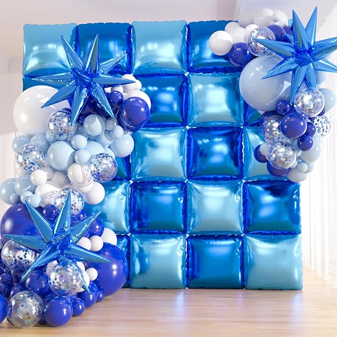 25pcs Royal & Light Blue Foil Square Balloon Wall with 149pcs White and Blue Confetti Balloons Arch Kit, Double Sided Balloon Tunnel with Star Balloons for Birthday, Class of Graduation Backdrop