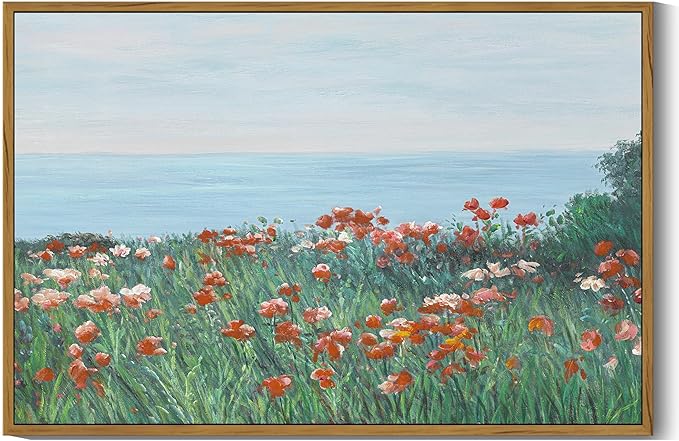 SHENIFY Vintage Framed Wall Art Coastal Wildflower Field Poppy Flower Landscape Scenery Home Decor Retro Decorations for Farmhouse Bedroom Ready to Hang Wall Artwork - 16x24in Natural Framed