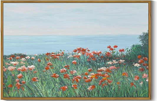 SHENIFY Vintage Framed Wall Art Coastal Wildflower Field Poppy Flower Landscape Scenery Home Decor Retro Decorations for Farmhouse Bedroom Ready to Hang Wall Artwork - 16x24in Natural Framed