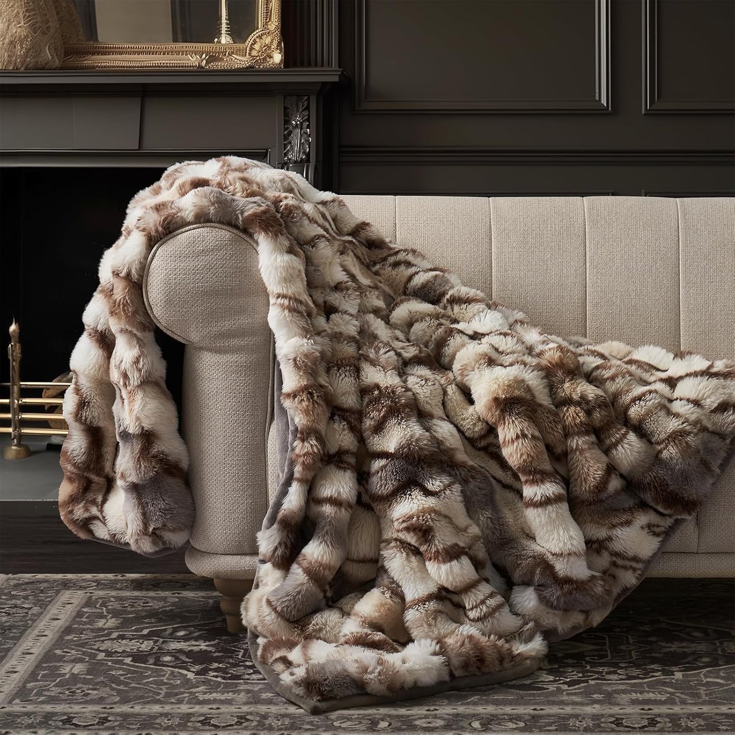 EVERGRACE Ultra Soft Luxury Fluffy Ridgeline Faux Rabbit Fur Throw Blanket, Thick Warm Bubble Throw for Bed, Cozy Plush Reversible Blankets for Couch, Chair, Sofa, Beige & Gray, 50x60 Inches, 870 GSM