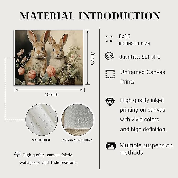 Easter Bunny Wall Art Poster, Two Adorable Rabbits with Flower Basket Picture Prints, Rustic Farmhouse Canvas Artwork, Vintage Holiday Wall Decor for Kids Room Bedroom Living Room 8x10in Unframed